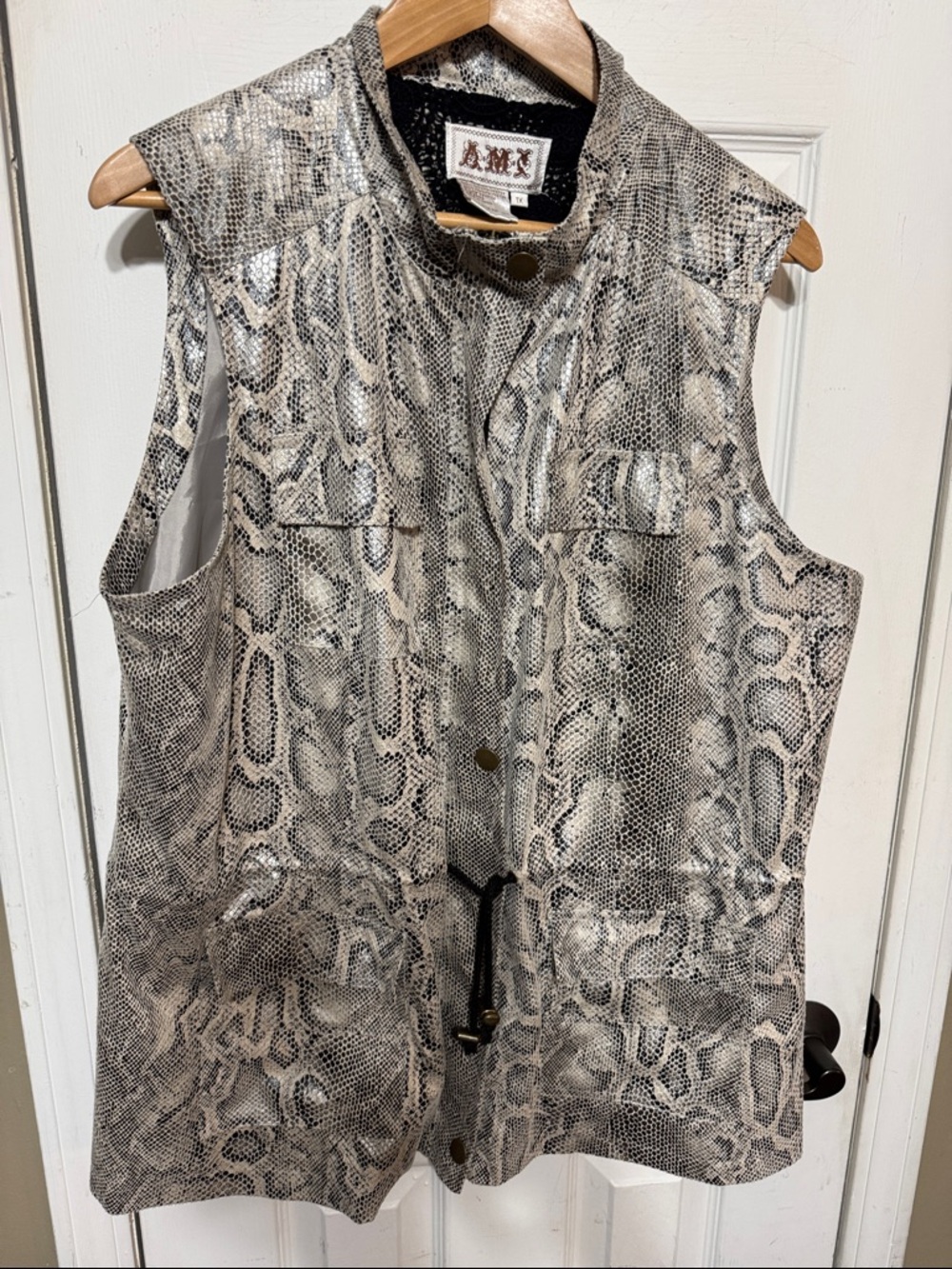 Ami Snake-Print Faux Leather Vest in Neutral Gray and Cream